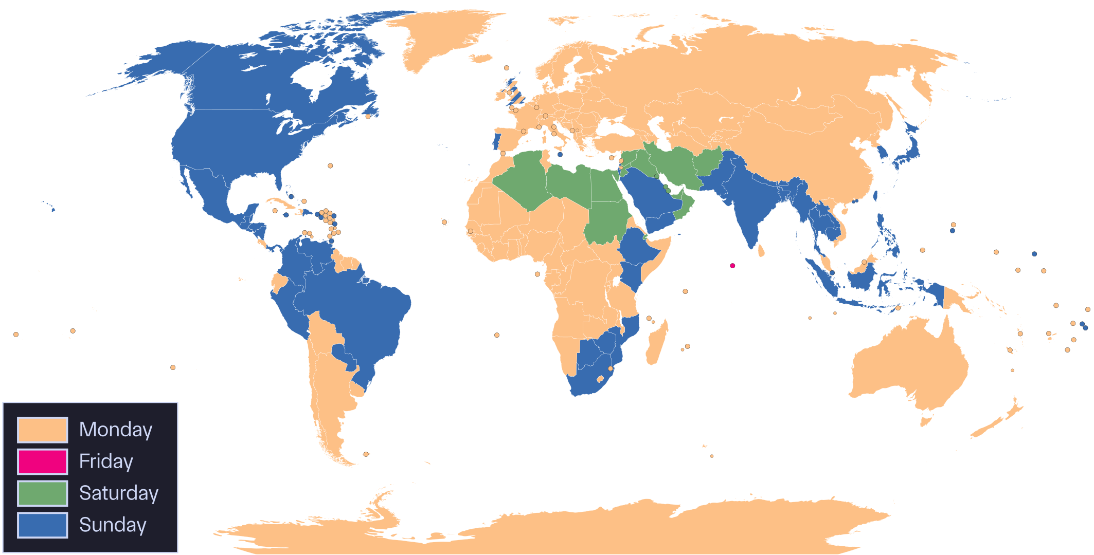 A world map showing each country with a color representing which day of the week is considered the first in
calendars